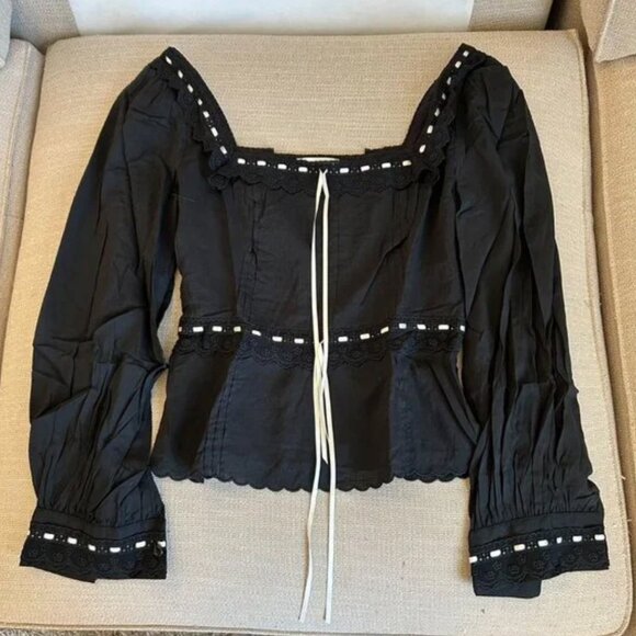 NEW Reformation Haisley Top Blouse Sz2 Black Long Sleeves Lace Cotton Bow - Picture 5 of 7